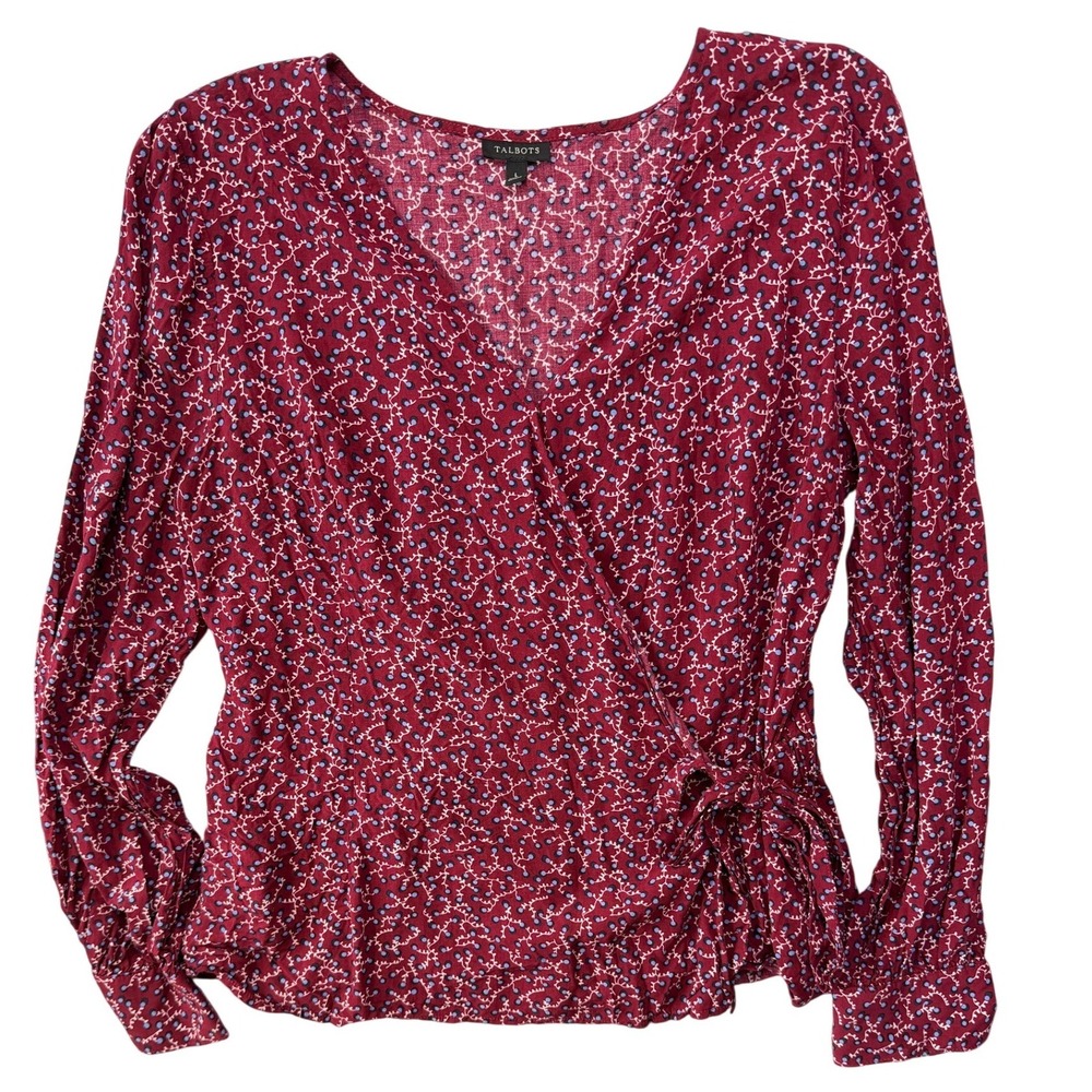 Talbots Wrap Top Size Large Maroon‎ Floral Blouse Cottagecore Boho Spring Office